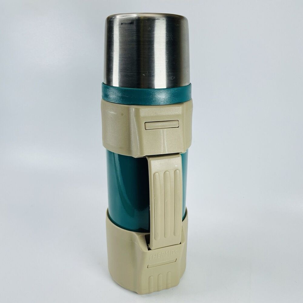 Vintage Thermos Stopper #650 Turquoise Metal Vacuum Bottle Plastic Carrier 1 QT